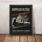 Hamburg Reiseplakat: Doppeldeckerzüge – Lübeck & Travemünde von Peter Smith Templeton 