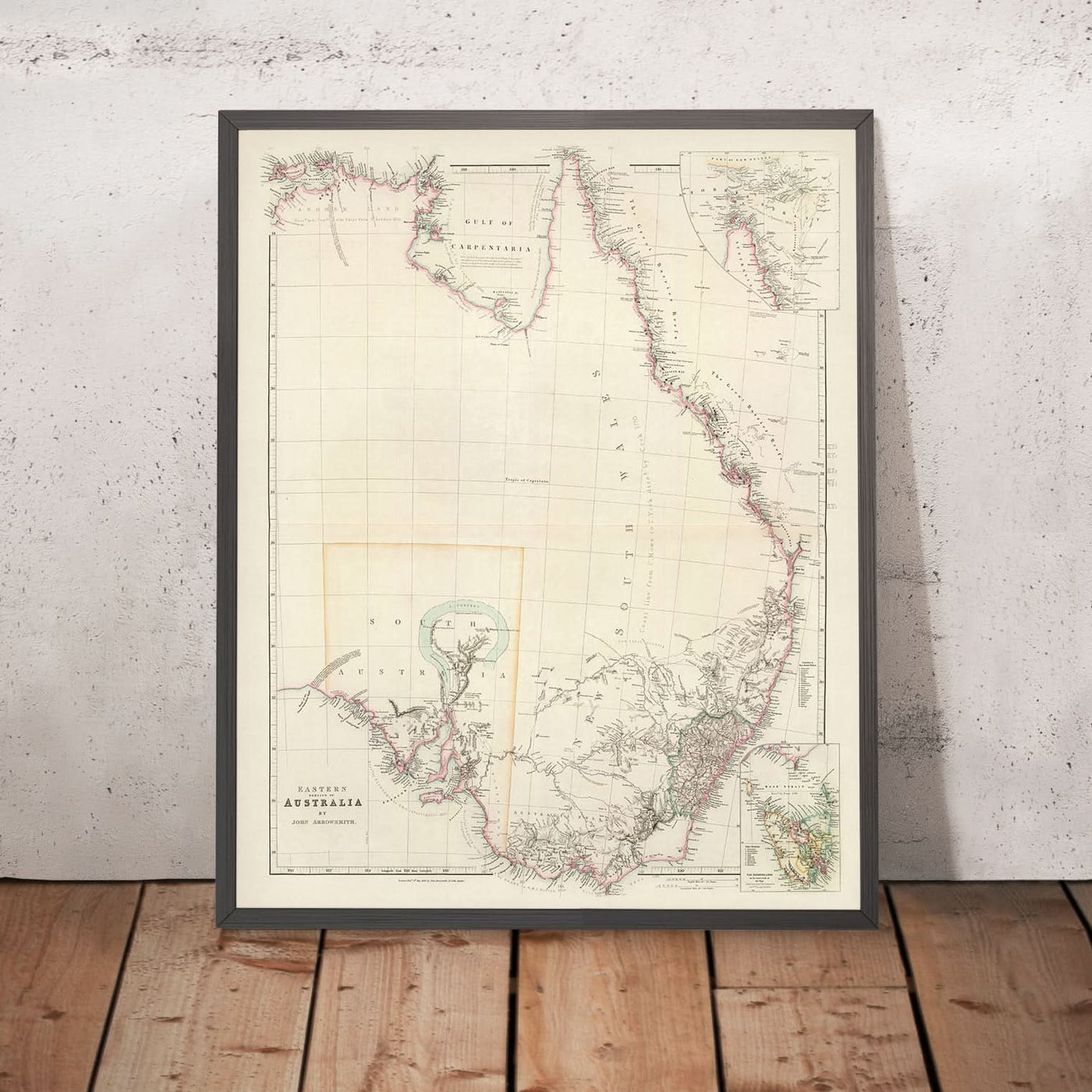 Old Map of Eastern Australia by Arrowsmith, 1844: Sydney, Adelaide, Hobart, Carpentaria, Tasmania