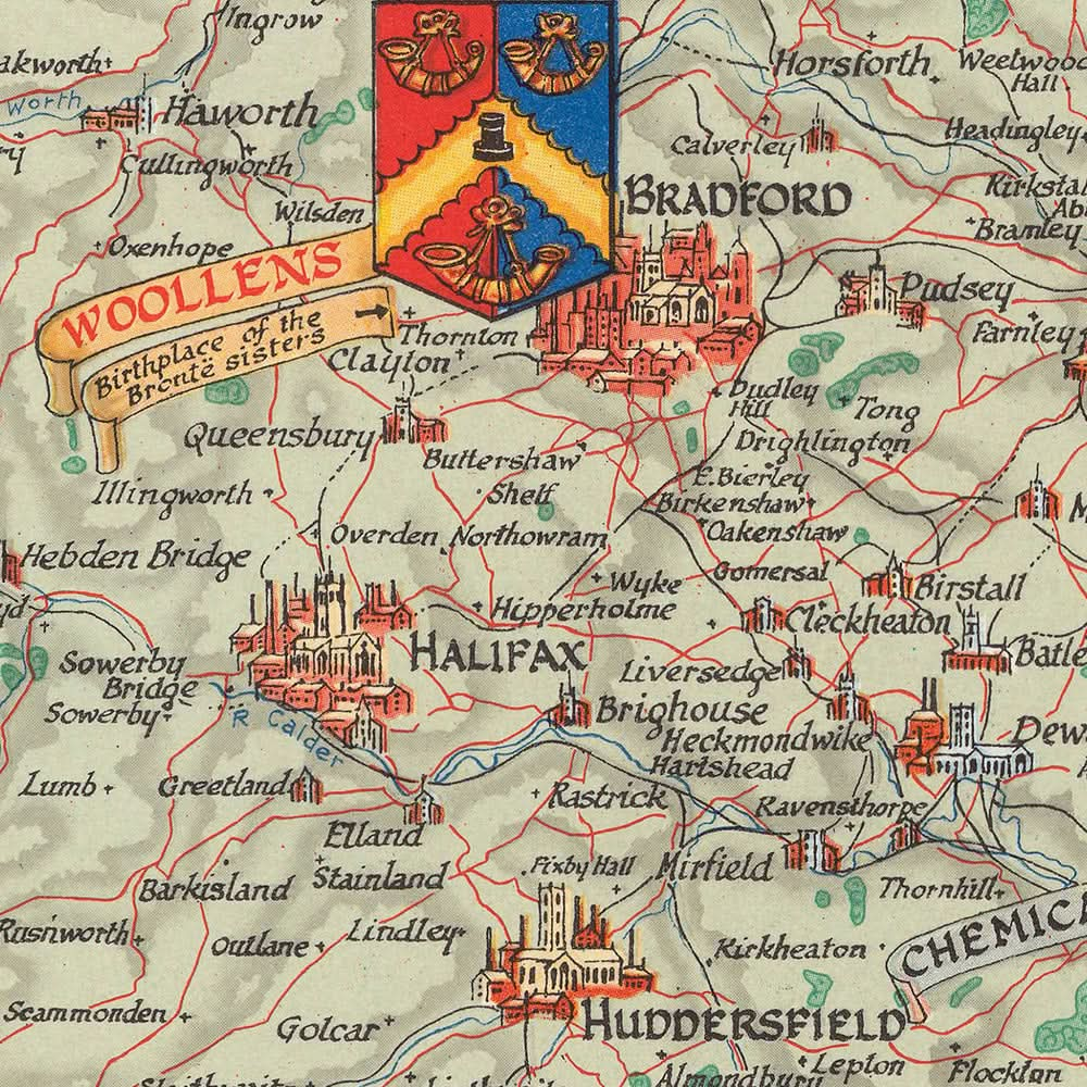 Alte Bildkarte von West Riding of Yorkshire von Clegg, 1946: Leeds, Bradford, Flüsse, Churchill-Zitate, Wappen