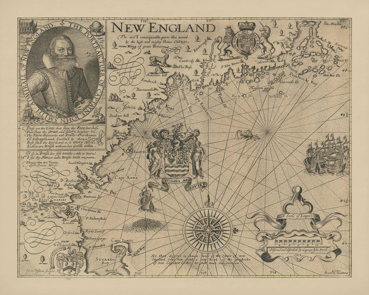 First Map Drawing First Map of New England by John Smith, 1616: Boston, Plymouth, Cape A ...