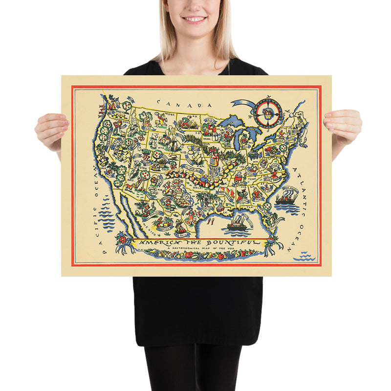 Old Gastronomical Map of the USA, 1939: Great Wheat Belt, Corn Belt, Agriculture, etc.