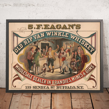 A framed image of S.F. Eagan’s Old Rip Van Winkle Vintage Whiskey Poster, 1878