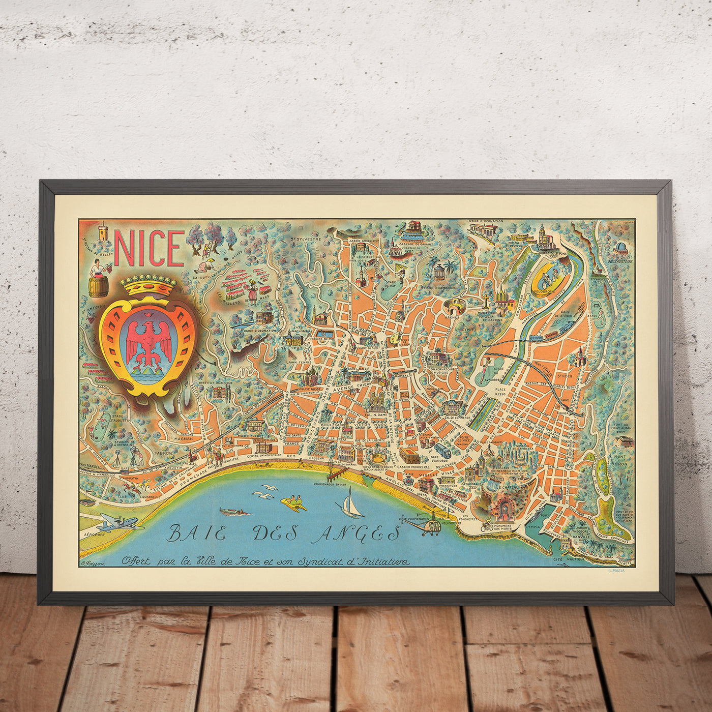 Old Pictorial Map of Nice by Poisson, 1950: Promenade des Anglais, Victorine Studios, Castle, Notre Dame, Baie des Anges