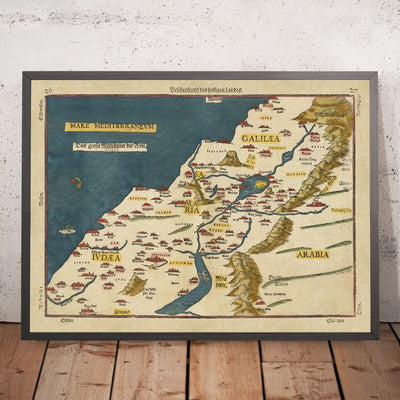 Old Map of the Holy Land by Bunting, 1581: Palestine, 12 Tribes, Judea, Samaria, Galilee