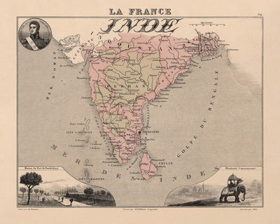 Old Map of "French India" by Vuillemin, 1869: French Enclaves, Pondicherry, Chandannagar, Mahé, Bay of Bengal