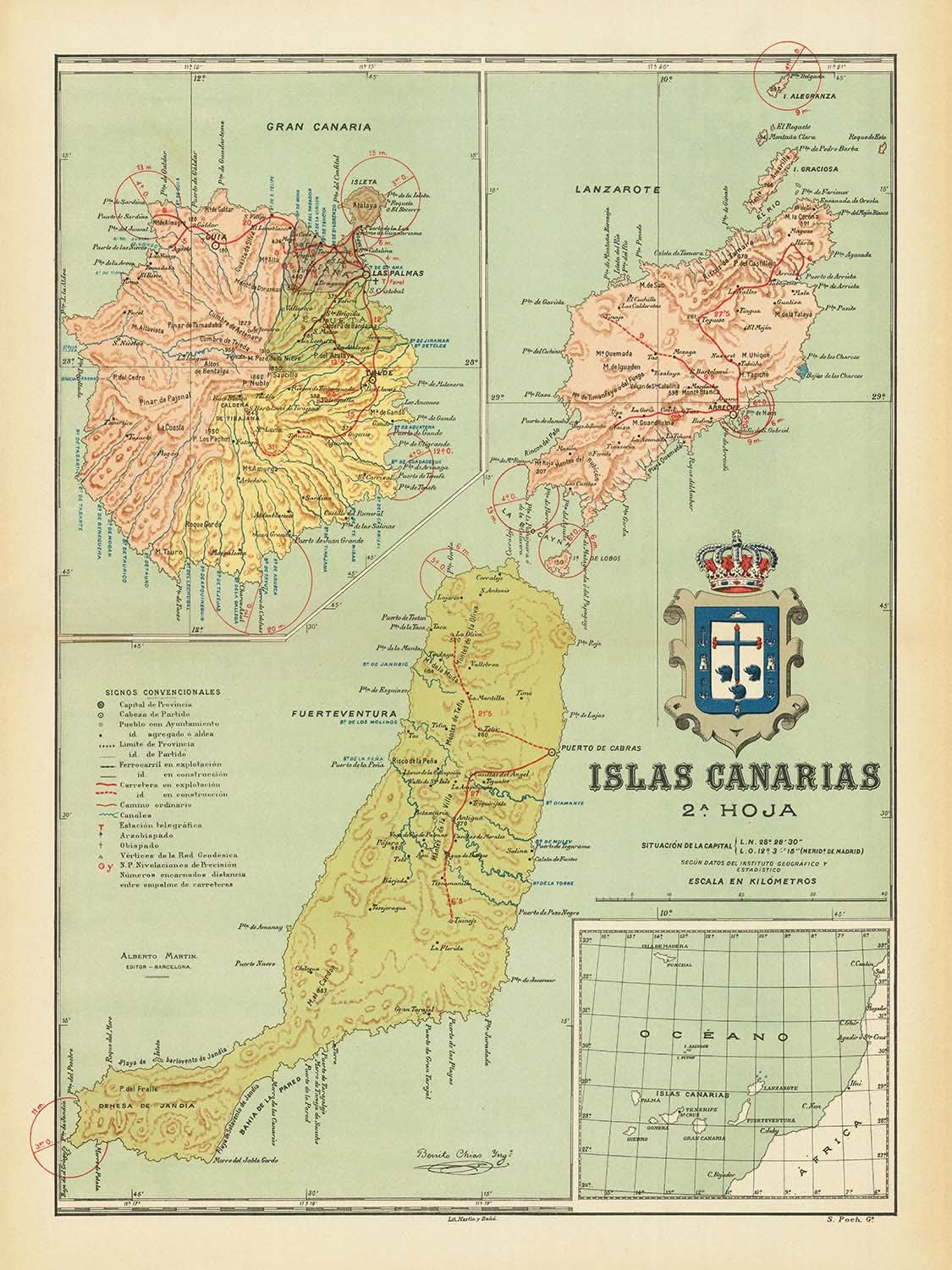 Alte Karte der Kanarischen Inseln von Chias, 1900: Las Palmas, Arrecife, Wappen, Topographie, Straßen