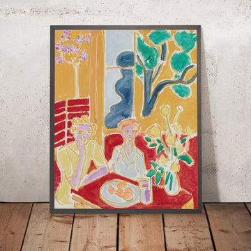 Une image encadrée de Deux Fillettes, fond jaune et rouge (Deux petites filles, fond jaune et rouge) par Henri Matisse, 1947