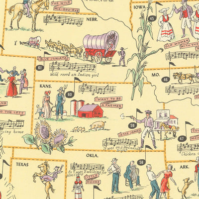 Old Folk Music Map of United States by Lawrence, 1946: Zuni Symbols, Bayou Ballads, Musical Themes