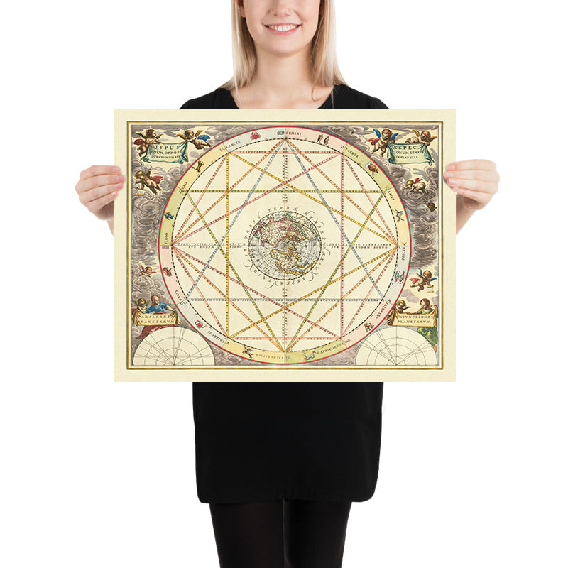 Polar Projection World Map and Celestial Zodiac Chart by Cellarius, 1660