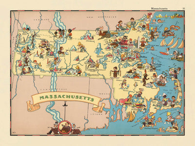 Pictorial Map of Massachusetts by Ruth Taylor White, 1935: Boston, Cape Cod, Harvard, Pilgrims, Maritime Heritage