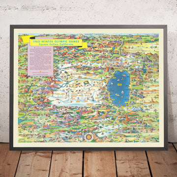 Antiguo mapa pictórico de los Juegos Olímpicos de Invierno de 1960, Squaw Valley, EE. UU.: Lake Tahoe, Donner Pass, Reno, Alpine, hockey de EE. UU. 