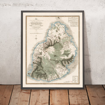 Antica mappa rara di Mauritius di Fraser, 1835: Port Louis, Mahébourg, Montagne 