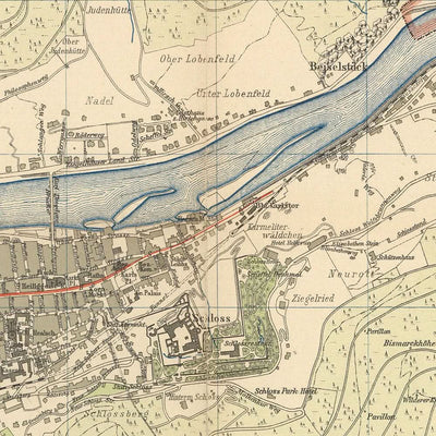 Old City Map of Heidelberg by Rübsamen, 1907: Castle, Neckar River, Neuenheim, Bergheim, Philosophenweg