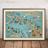 Carte picturale d'Hawaï par Ruth Taylor White, 1935 : Honolulu, Hilo, volcans, plantations, surf 