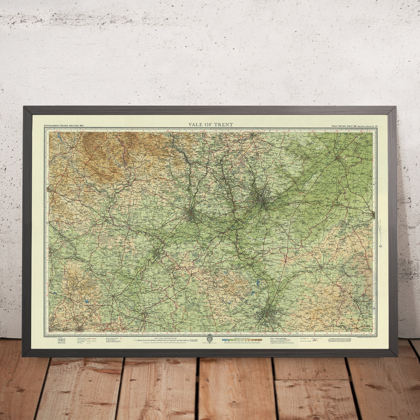 Old OS Map of Vale of Trent by Bartholomew, 1943: Nottingham, Leicester, River Trent, Derby, Lincoln, Chesterfield
