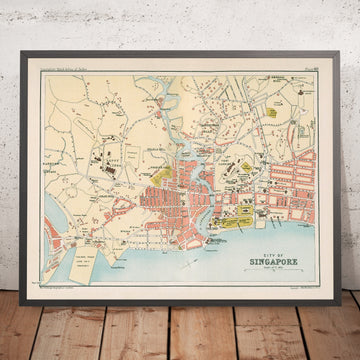 Antike Straßenkarte von Singapur von Bartholomew, 1893: Singapore River, Fort Canning, Little India, Chinatown, Kampong Glam 