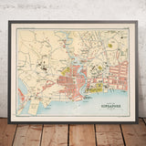 Ancienne carte de Singapour par Bartholomew, 1893 : rivière de Singapour, Ft Canning, Little India, Chinatown, Kampong Glam 