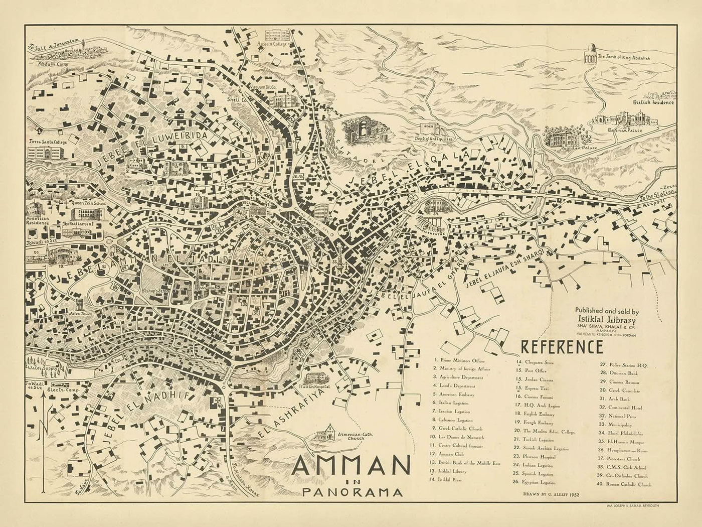 Old Map of Amman, Jordan by Aleeff, 1953: Citadel, Amphitheater, Raghadan Palace, Hashemite Legacy