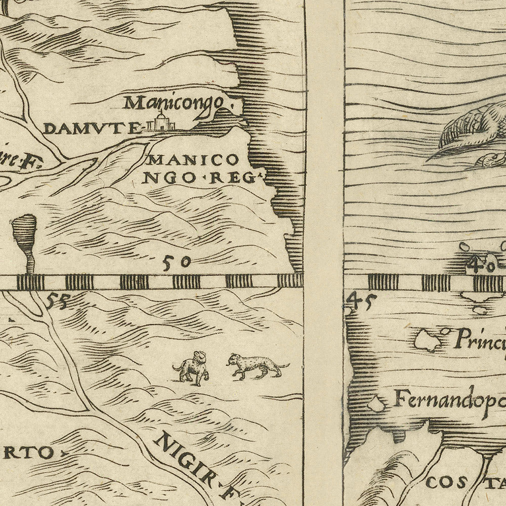Old Upside Down Map of Africa by Ramusio, 1554