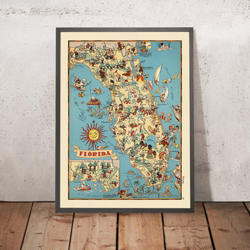 Carte picturale de la Floride par Ruth Taylor White, 1935 : Everglades, Miami, Orlando, Keys, vergers d&