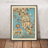 Carte picturale de la Floride par Ruth Taylor White, 1935 : Everglades, Miami, Orlando, Keys, vergers d'agrumes 