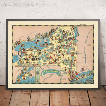 Carte picturale de New York par Ruth Taylor White, 1935 : NYC, chutes du Niagara, Adirondacks, canal Érié, fleuve Hudson 