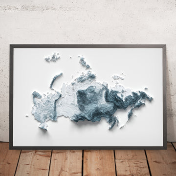 A framed image of a 3D style topographic relief map ofRussia