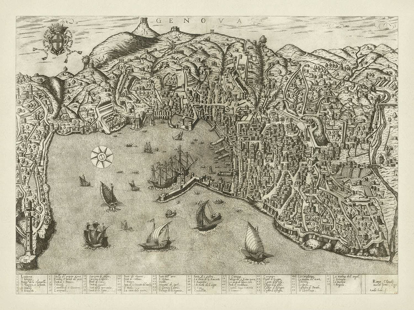 Alter bildlicher Stadtplan von Genua von Duchetti, 1584: Hafen, Laterna, Schiffe 