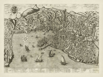 Alter bildlicher Stadtplan von Genua von Duchetti, 1584: Hafen, Laterna, Schiffe 