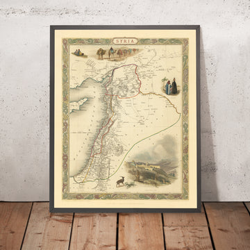 Mapa antiguo de Siria y Chipre de John Tallis, 1851: Palestina, Líbano, Damasco, Jerusalén, Beirut, Nicosia 