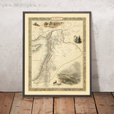 Old Map of Syria & Cyprus by John Tallis, 1851: Palestine, Lebanon, Damascus, Jerusalem, Beirut, Nicosia