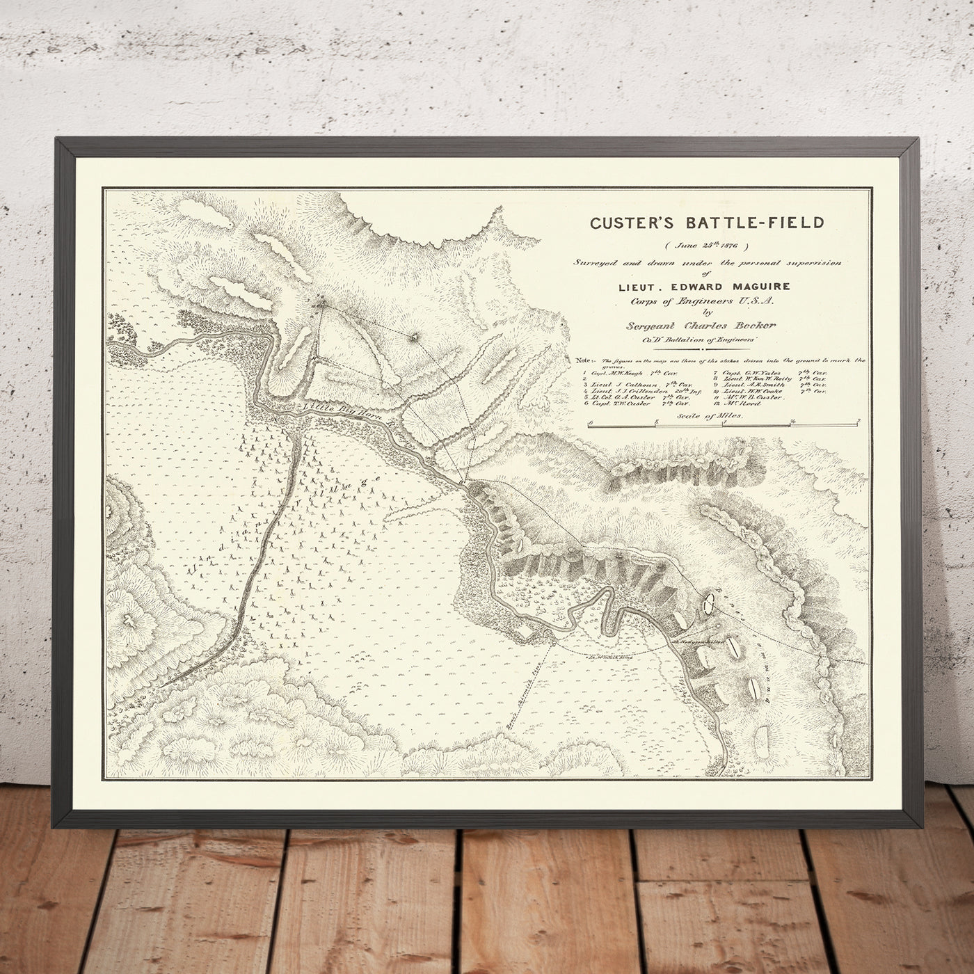 A framed image of Custer's Battle-Field June 25th 1876 by U.S. Army Corps of Engineers 1876
