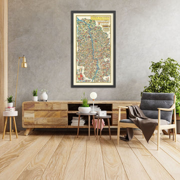 Vecchia mappa pittorica della Germania di Faller, 1950: Bacino del fiume Reno, Castelli, Colonia, Düsseldorf 