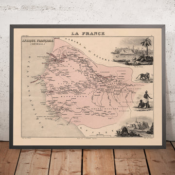 Mappa Antica del Senegal (Africa Francese) di Vuillemin, 1869: Dakar, Saint-Louis, Fiumi Senegal e Gambia, Coloniale 