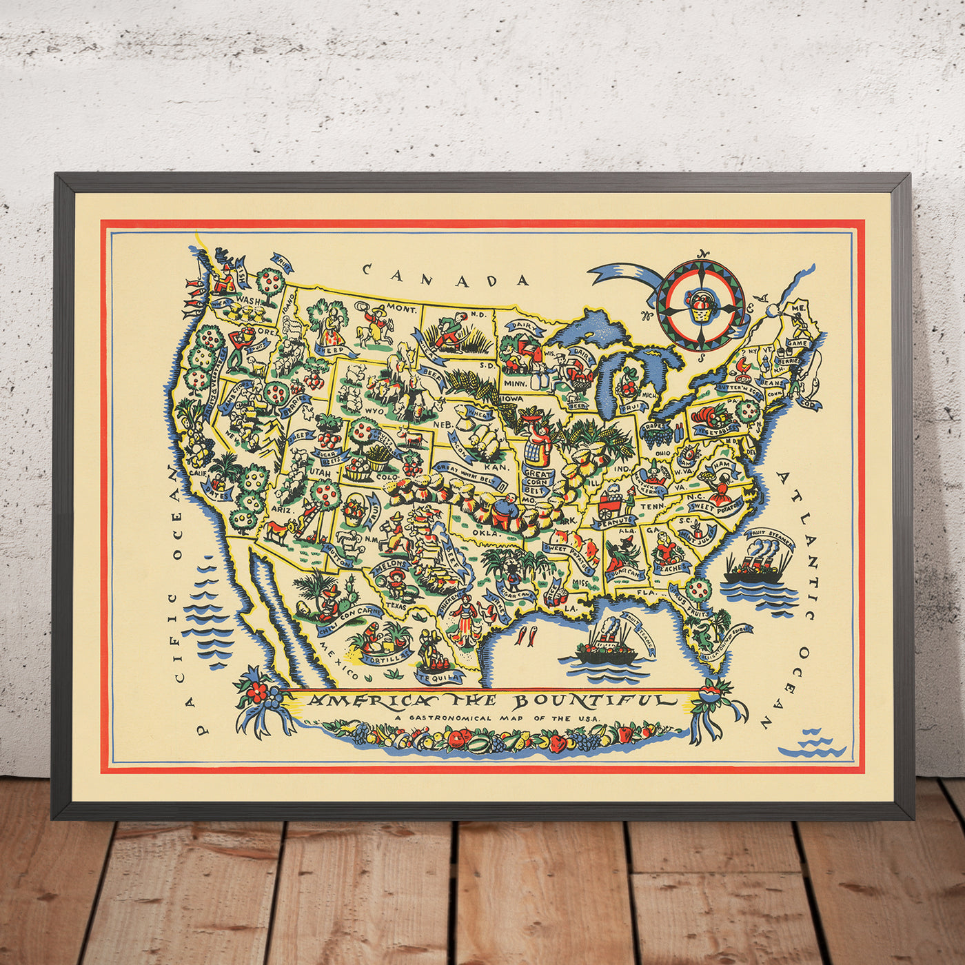 Old Gastronomical Map of the USA, 1939: Great Wheat Belt, Corn Belt, Agriculture, etc.
