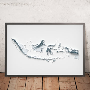 Ein gerahmtes Bild einer topografischen Reliefkarte im 3D-Stil von Indonesien