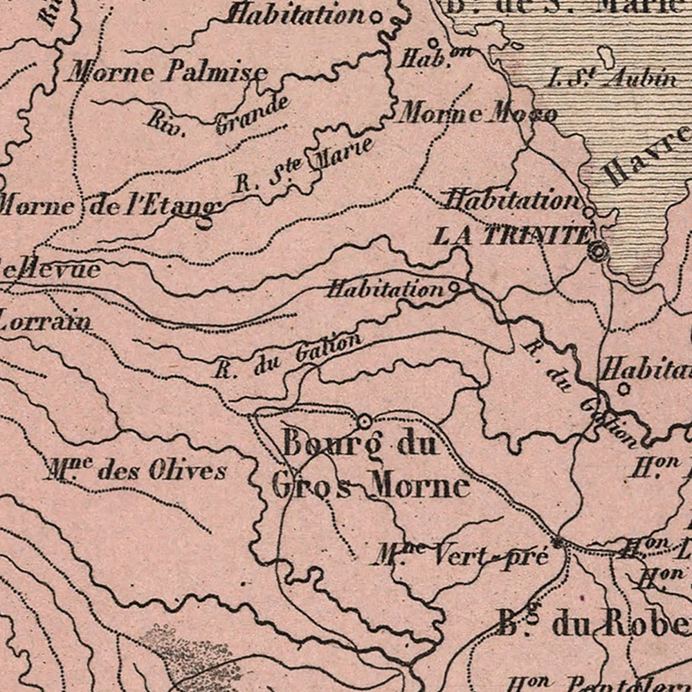 Old Map of Martinique, Lesser Antilles by Vuillemin, 1869: Fort-de-France, Saint-Pierre, Sugar Cane