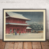 Neige au temple Zojoji à Tokyo par Hasui Kawase 1935 