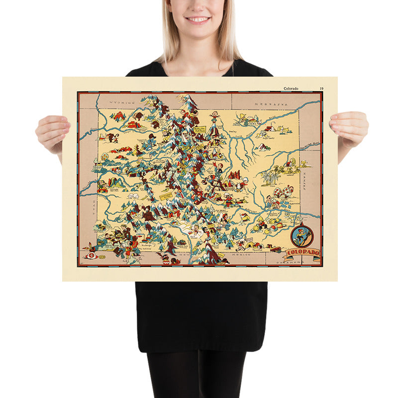 Pictorial Map of Colorado by Ruth Taylor White, 1935: Denver, Rocky Mountains, Pikes Peak, Mesa Verde, Great Sand Dunes