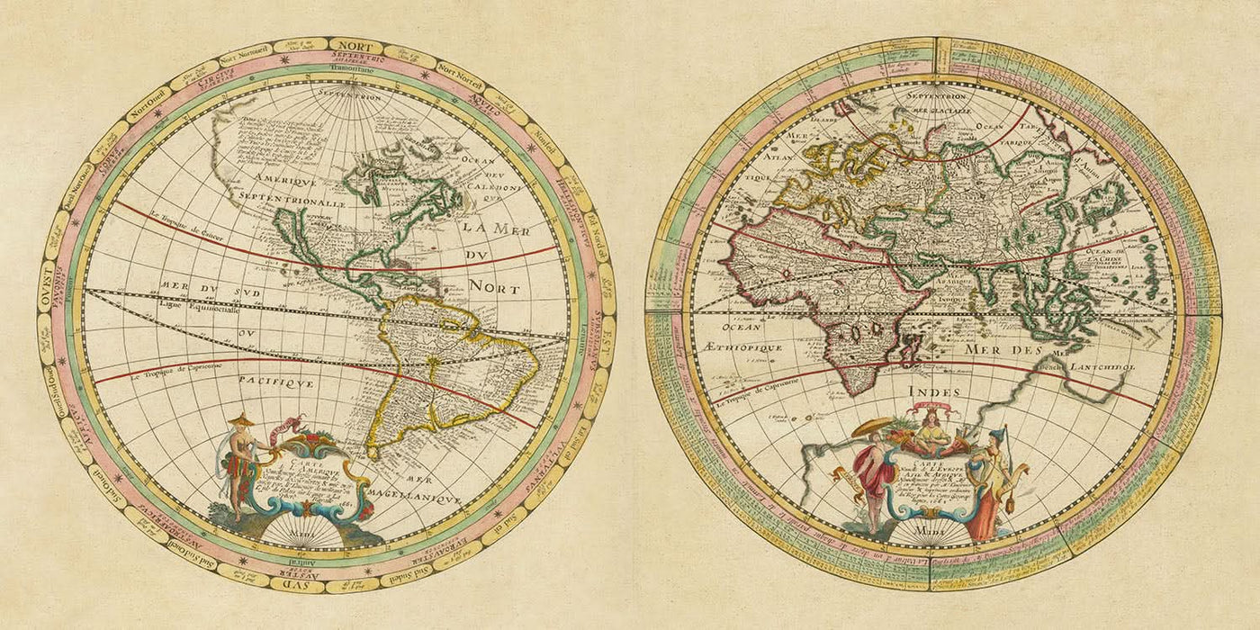 Alte Weltkarte der östlichen und westlichen Hemisphäre von Tavernier, 1661: Kalifornien als Insel, klassische Winde, konzentrisches Design