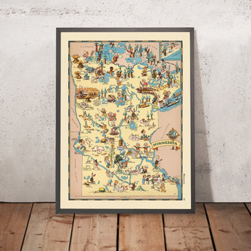 Carte picturale du Minnesota par Ruth Taylor White, 1935 : Minneapolis, Saint Paul, Duluth, Pays des 10 000 lacs, Industrie du bois 