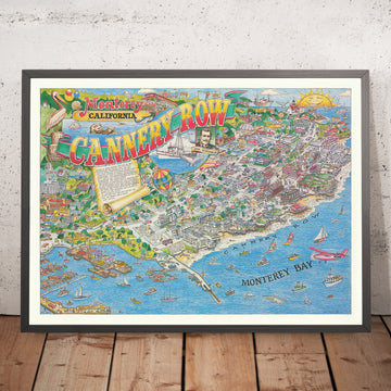 Antiguo mapa pictórico de Monterey, California de Gilliland, 1988: Cannery Row, Waterfront, Wave St, Foam St, Steinbeck 