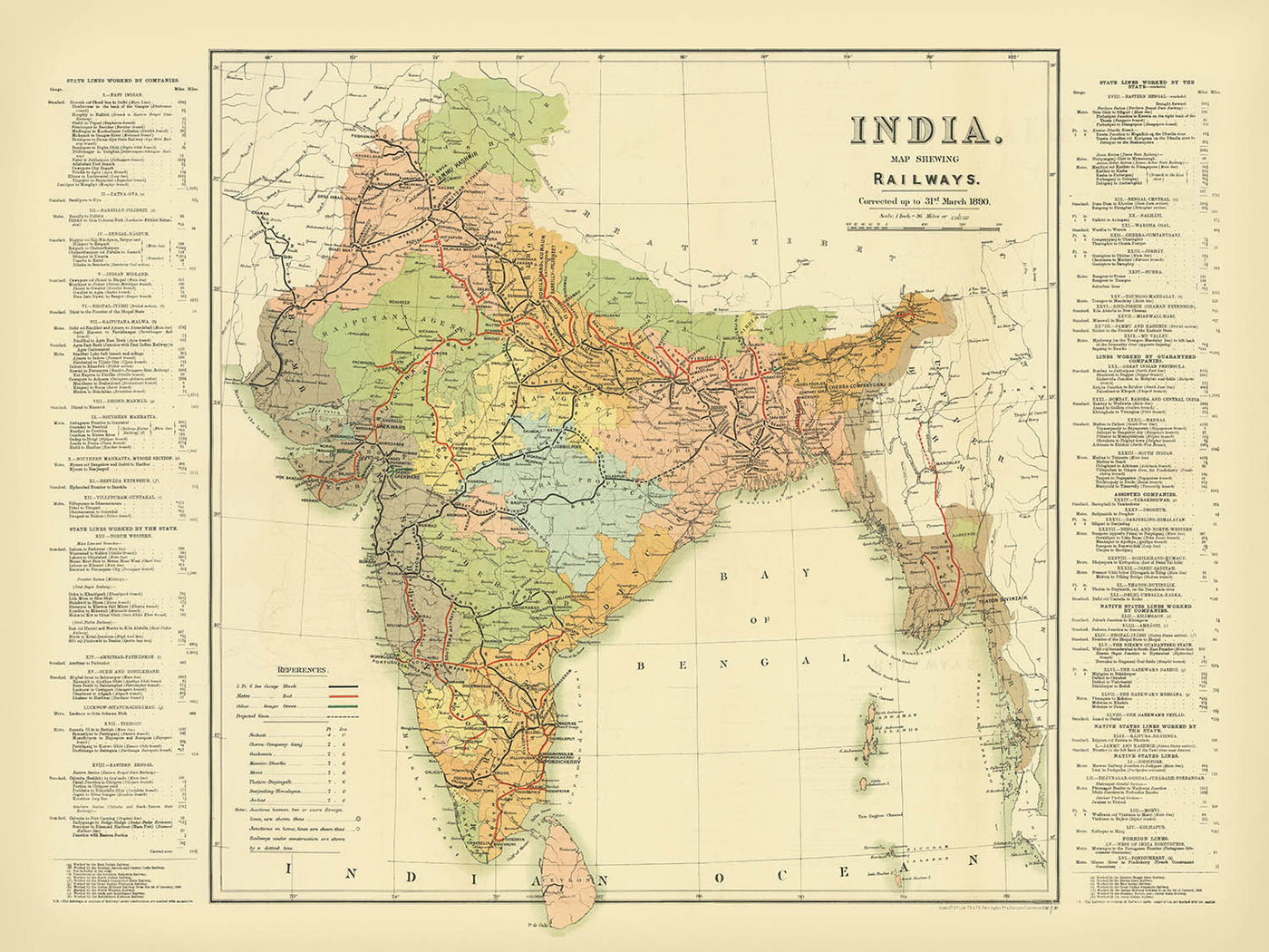 Large Old Railway Map of India by Judd, 1890: Mumbai, Delhi, Kolkata, Ganges River, Himalayas