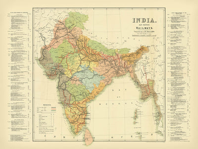 Large Old Railway Map of India by Judd, 1890: Mumbai, Delhi, Kolkata, Ganges River, Himalayas
