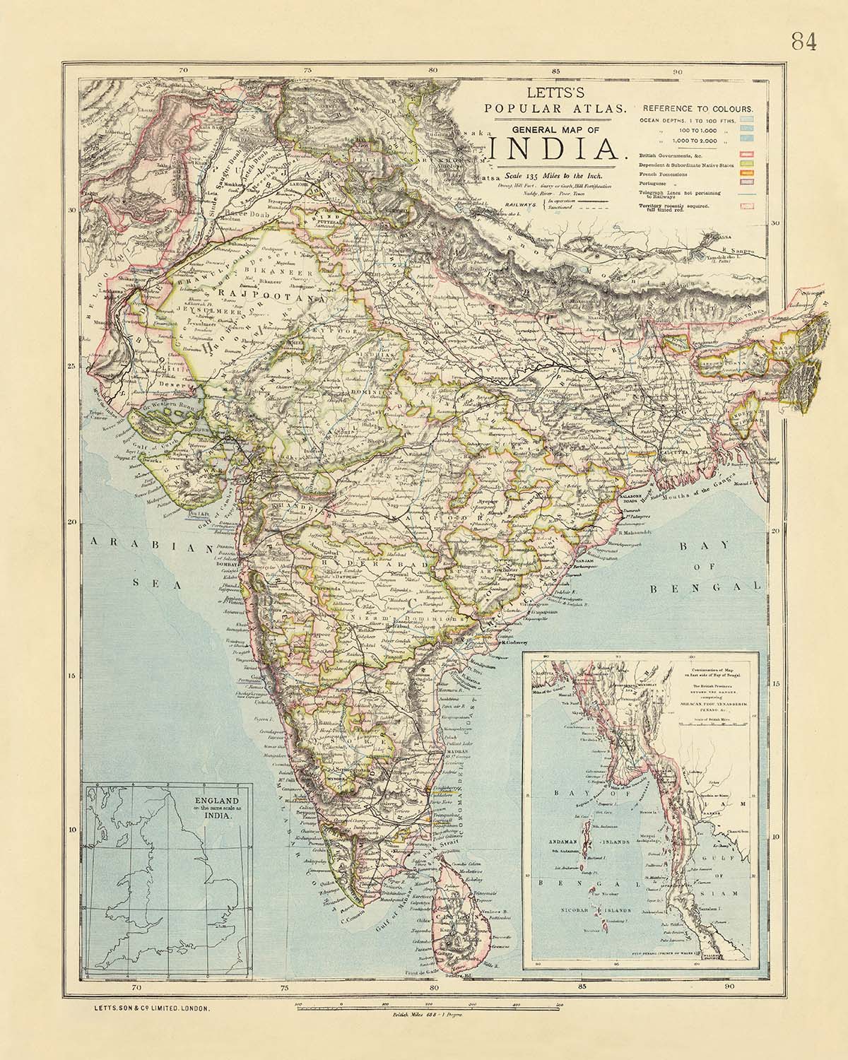 Old Map of India by Letts, 1883: Calcutta, Bombay, Madras, Arabian Sea, Bay of Bengal