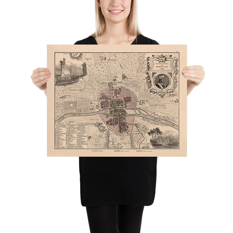 Mappa antica di Parigi medievale di Vuillemin, 1869: Notre-Dame, Île de la Cité, Senna, Louvre, Mura della città 