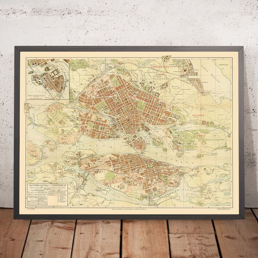 Mappa antica di Stoccolma di Gillberg, 1920: Gamla Stan, Djurgården, Palazzo Reale, Municipio, Stazione Centrale 