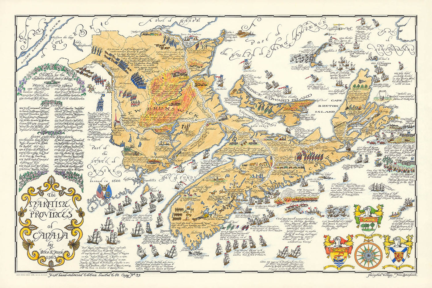 Old Map of New Brunswick, Nova Scotia & Prince Edward Island by Furse, 1963: Naval Battles, Exploration Routes