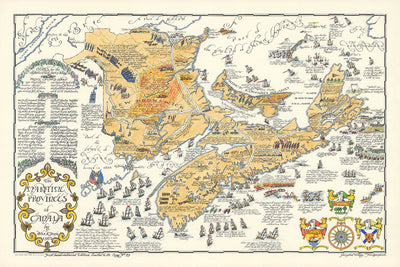 Old Map of New Brunswick, Nova Scotia & Prince Edward Island by Furse, 1963: Naval Battles, Exploration Routes