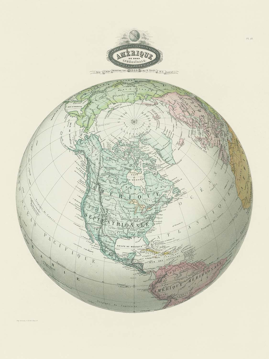 First Spherical Map Old Spherical Map of North America by Garnier, 1860 – The Unique Maps Co.